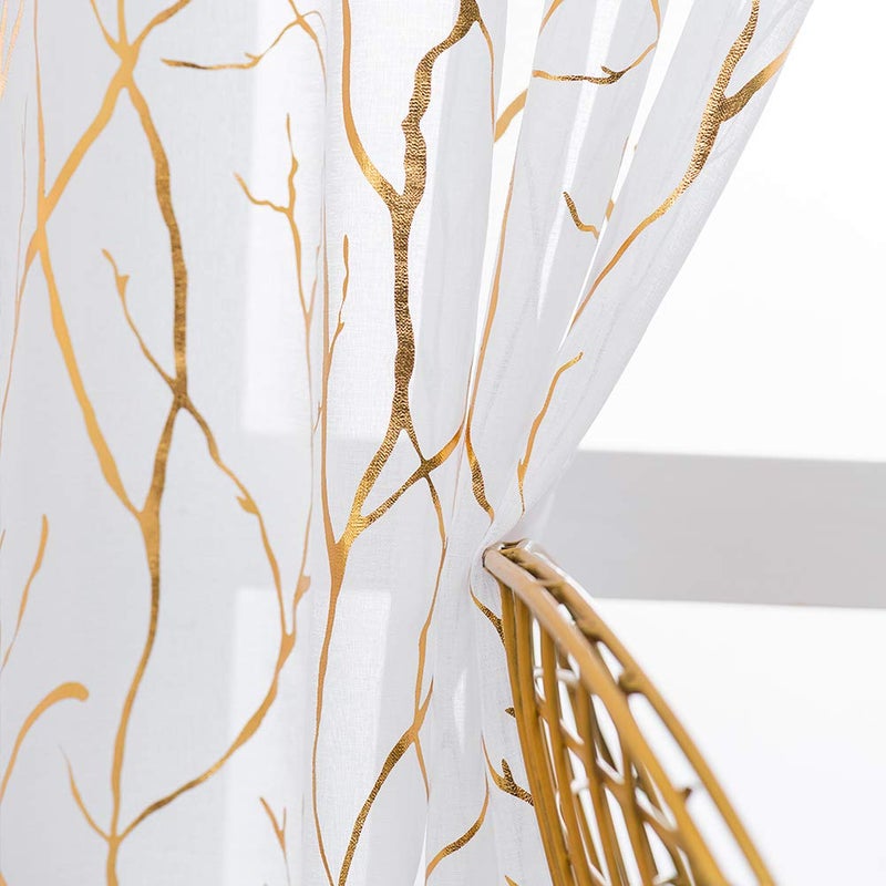 Kotile Gold and White Sheer Curtains 63 Inch Length 2 Panels Metallic Tree Branches Shimmer White Sheer Curtains for Bedroom Grommet Privacy Window Tree Curtains, 52 x 63 Inch, White Gold - Image 3